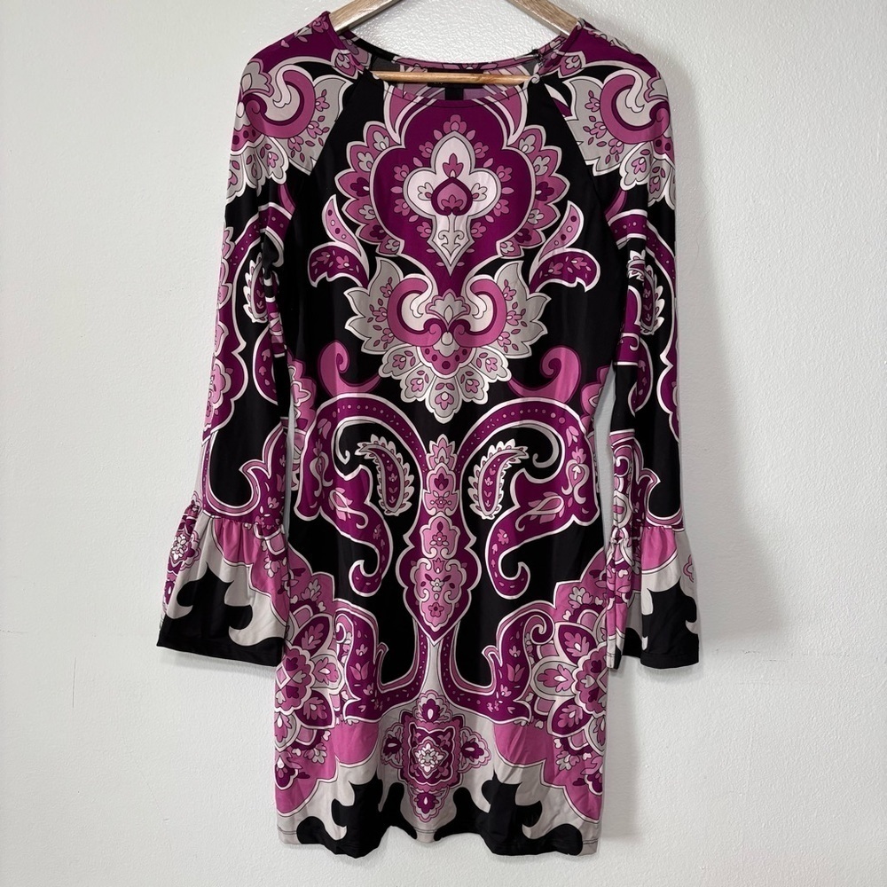 International Concepts Pink Black White Bell Sleeve Jersey Knit Dress Size M